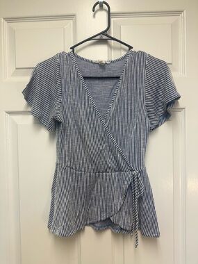 Caution To The Wind Blue & White Striped Wrap Peplum Blouse